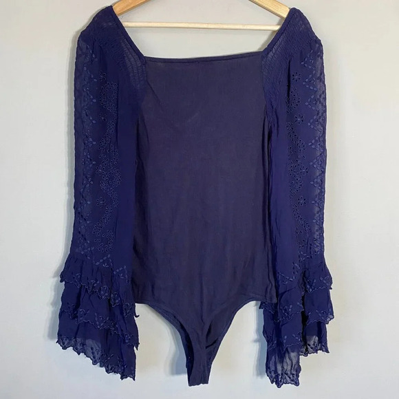 NWOT Free People Intimately FP Enchanted By You Bodysuit Women's Large Navy Silk - Picture 8 of 13